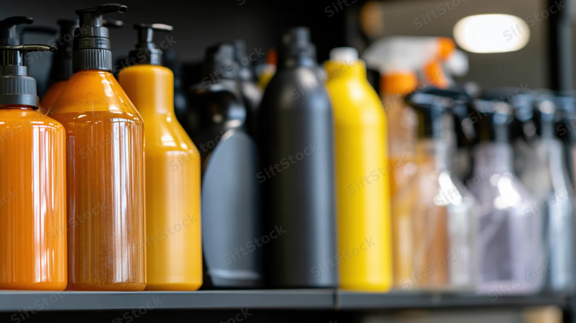 Cleaning product bottles arranged on a shelf with pump and spray dispensers in orange, yellow, and black plastic containers