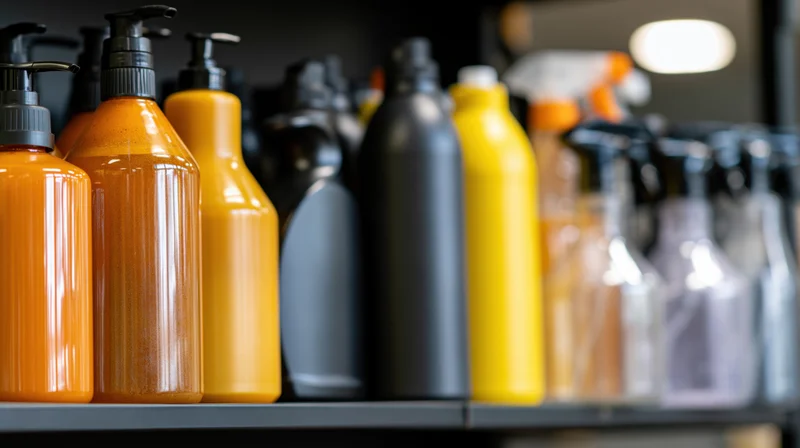 Cleaning product bottles arranged on a shelf with pump and spray dispensers in orange, yellow, and black plastic containers
