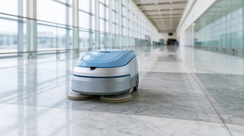 Autonomous cleaning robot scrubbing polished marble floor in modern building hallway