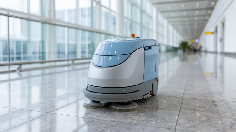Autonomous floor-cleaning robot operating on polished marble floor in modern building hallway
