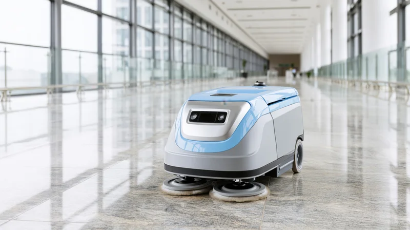 Autonomous cleaning robot scrubbing polished marble floor in modern building hallway