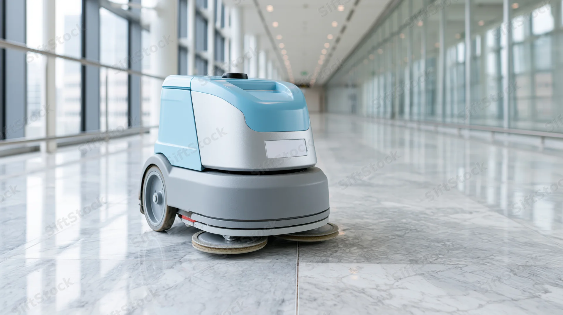 Autonomous floor-cleaning robot operating on polished marble floor in modern office hallway