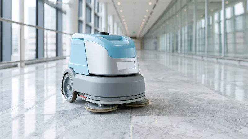 Autonomous floor-cleaning robot operating on polished marble floor in modern office hallway