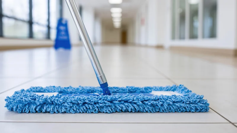 Blue microfiber flat mop pressed against white tile floor in a commercial hallway