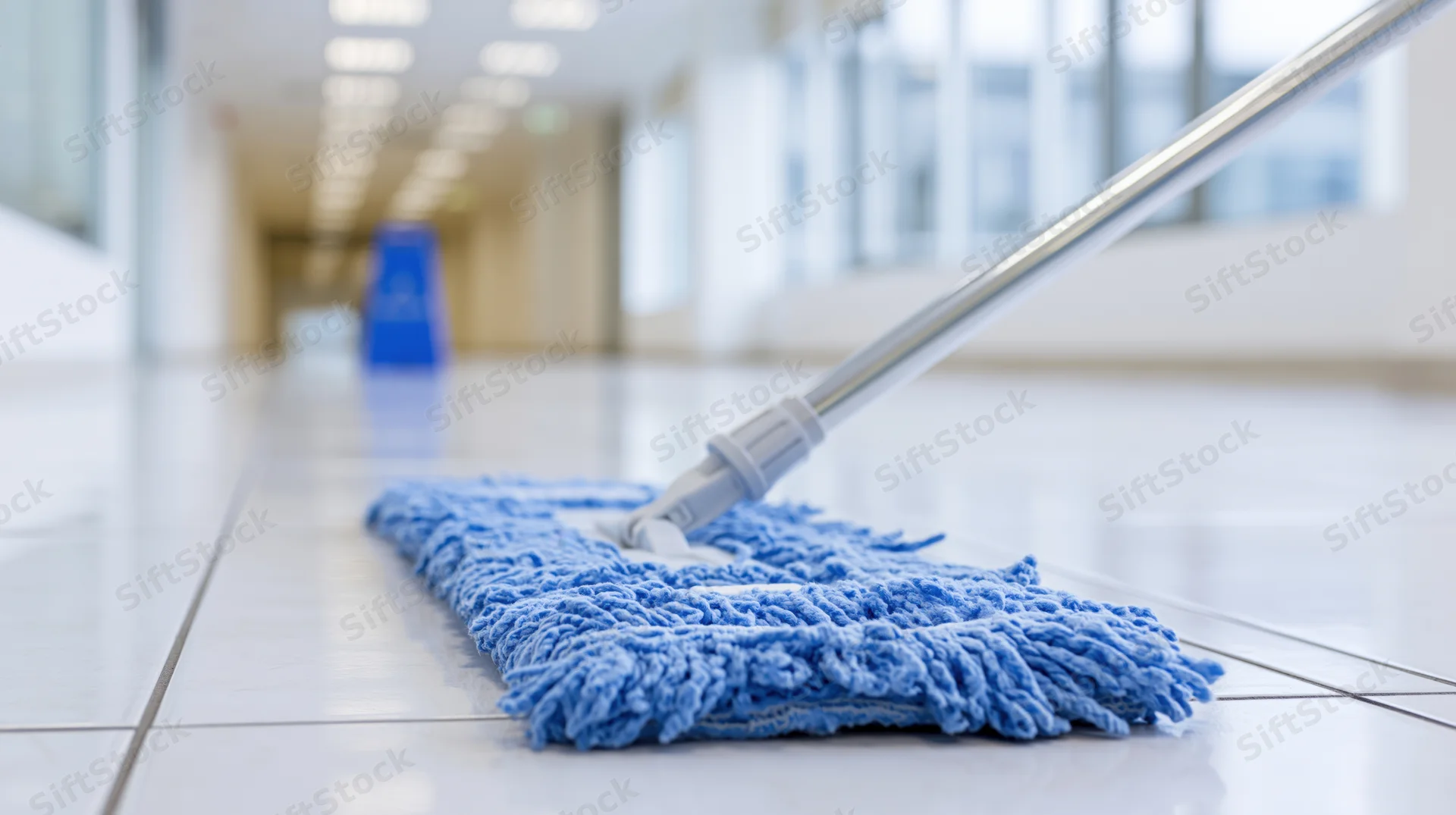 Blue microfiber flat mop cleaning white tiled hallway floor in commercial building