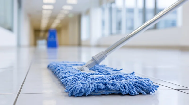 Blue microfiber flat mop cleaning white tiled hallway floor in commercial building