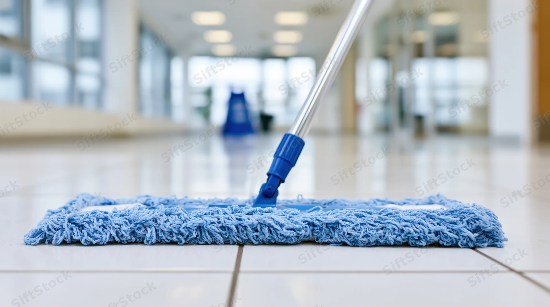 Blue microfiber flat mop resting on white tiled floor in office hallway