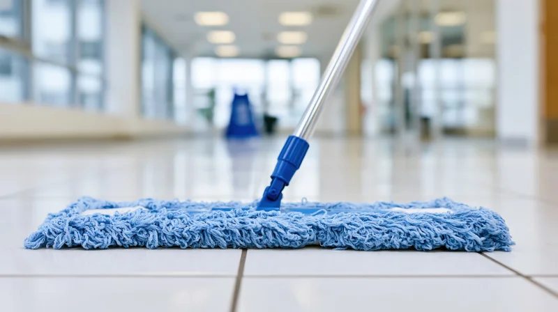 Blue microfiber flat mop resting on white tiled floor in office hallway