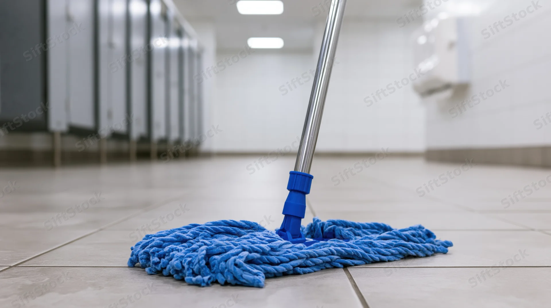 Blue microfiber flat mop resting on gray ceramic tile floor in public restroom