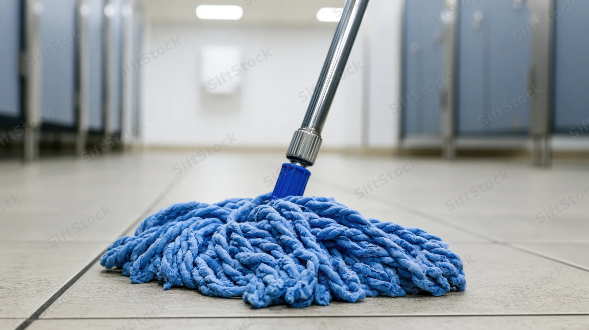 Blue microfiber flat mop resting on grey ceramic tile floor in public restroom
