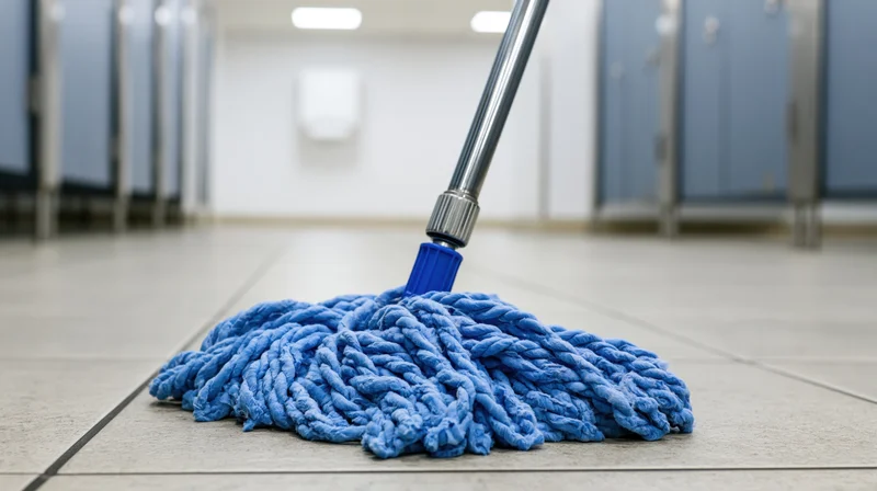 Blue microfiber flat mop resting on grey ceramic tile floor in public restroom