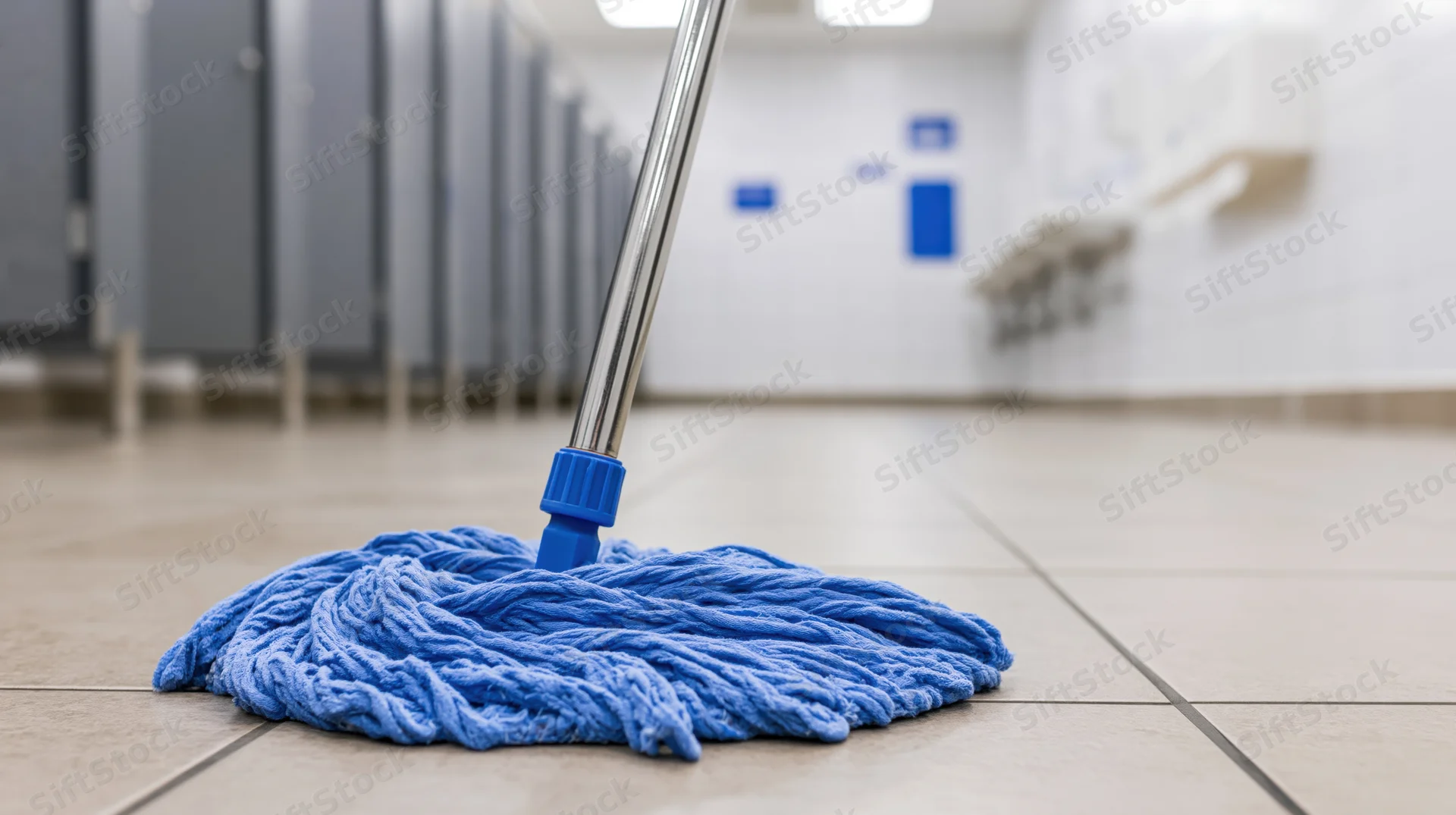 Blue microfiber flat mop resting on gray ceramic tile floor in public restroom