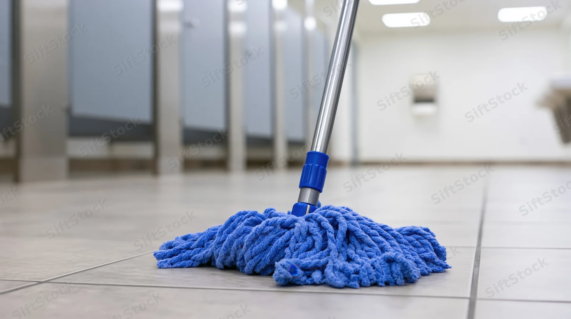 Blue microfiber flat mop resting on gray ceramic tile floor in a commercial restroom