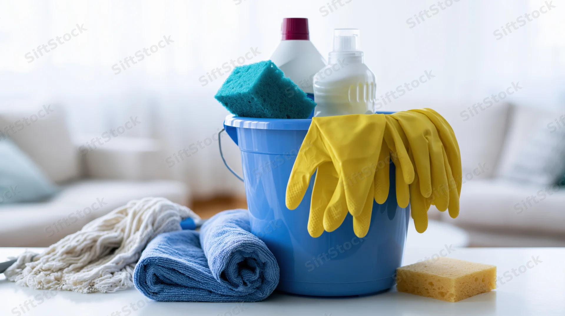 Blue plastic bucket filled with cleaning supplies including gloves, sponges, detergent, and towels on a table in a living room