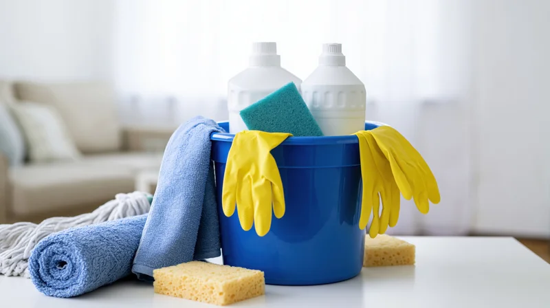 Blue plastic bucket filled with cleaning supplies including gloves, sponges, towels and detergent on a white table in a bright living room