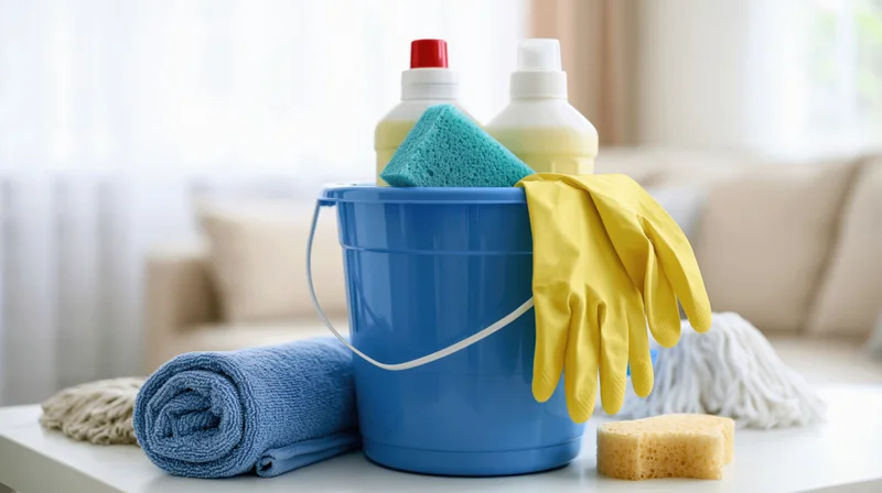 Blue plastic bucket filled with cleaning supplies including bottles, sponge, gloves and towel on a table in a living room