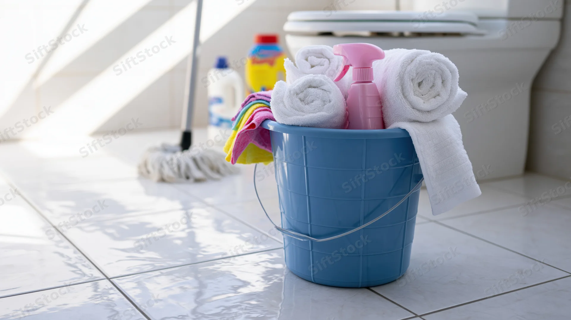 Blue plastic bucket filled with rolled white towels and cleaning supplies on tiled bathroom floor near toilet