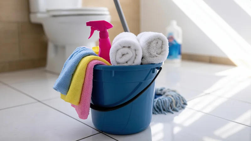 Blue plastic bucket filled with rolled white towels, pink spray bottle, colorful cloths, mop, and cleaning supplies on tiled bathroom floor near toilet