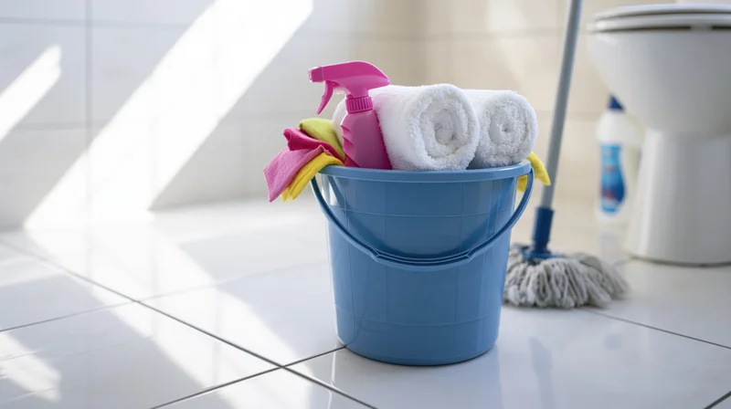 Blue plastic bucket filled with cleaning supplies including rolled white towels, pink spray bottle, and cloths, placed on tiled bathroom floor near toilet and mop