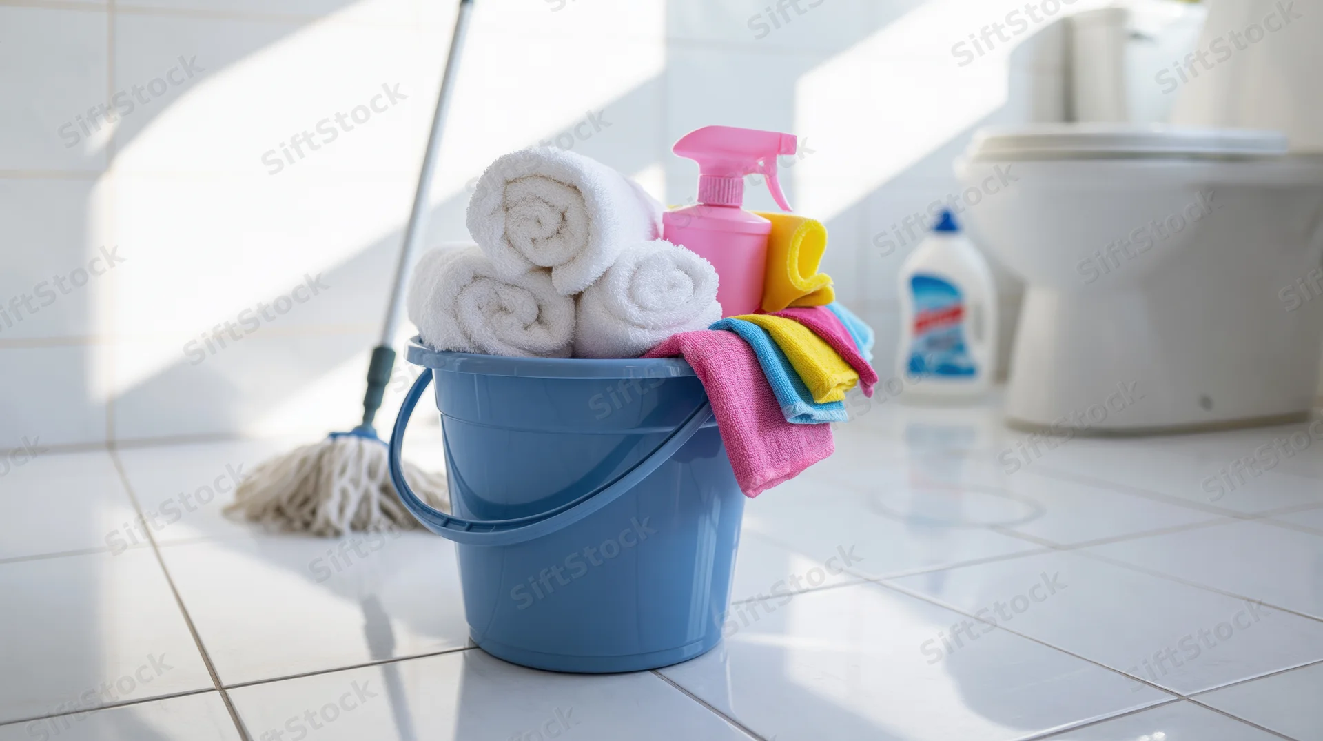 Blue plastic bucket filled with rolled white towels and cleaning supplies in a tiled bathroom