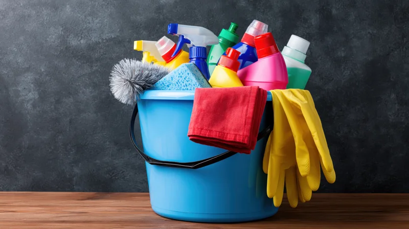 Blue plastic cleaning bucket filled with cleaning supplies and tools on wooden surface against dark textured wall