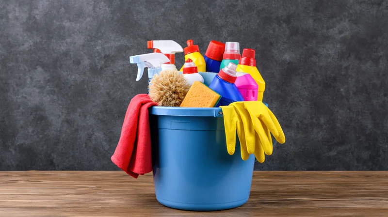 Blue plastic cleaning bucket filled with assorted cleaning supplies on wooden table against gray wall
