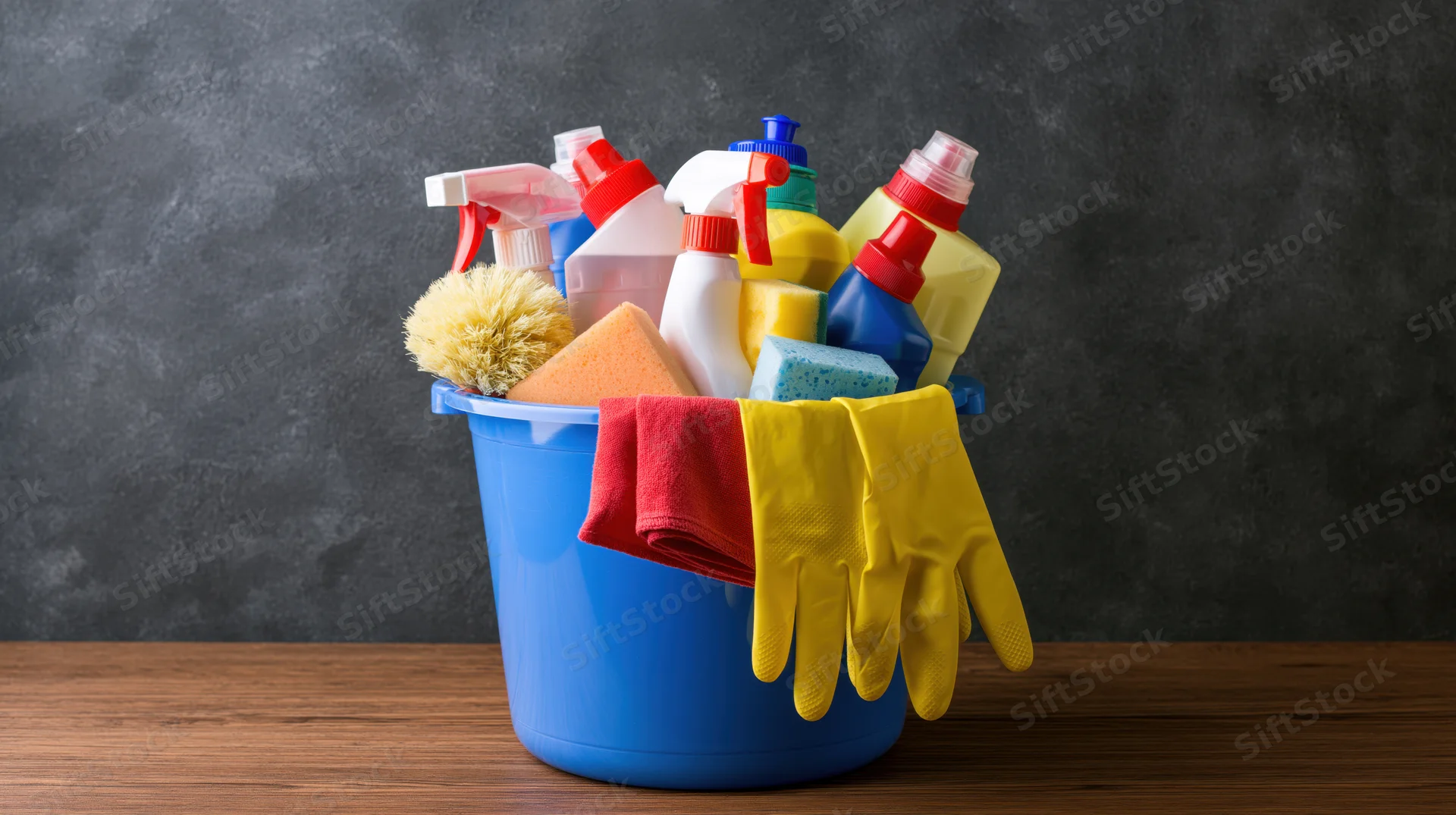 Blue plastic cleaning bucket filled with assorted cleaning supplies and tools on wooden surface against dark background
