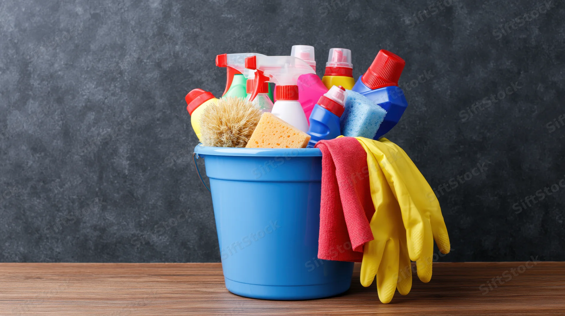 Blue plastic cleaning bucket filled with assorted cleaning supplies and tools on wooden surface against dark textured background