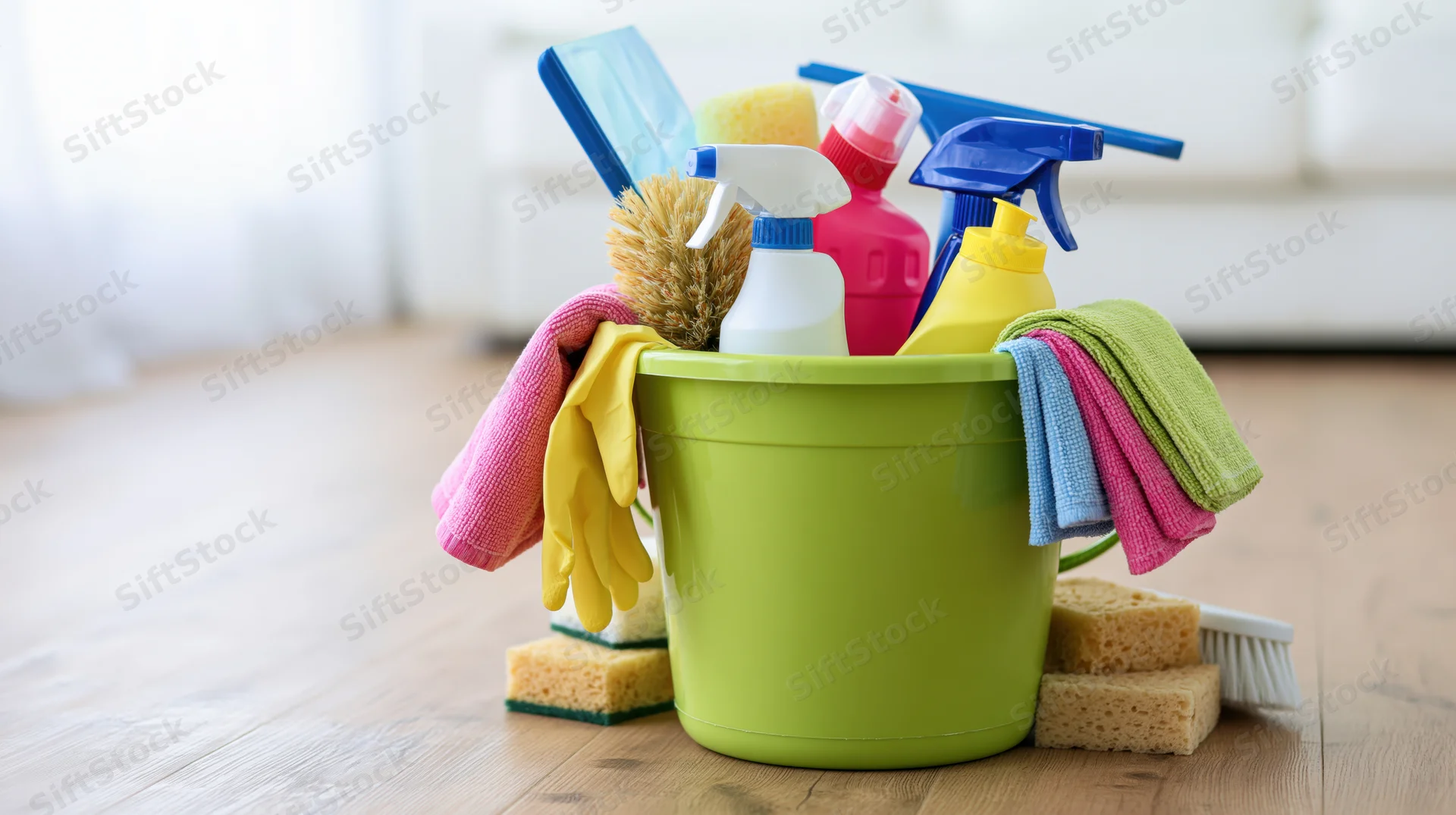 Green plastic bucket filled with cleaning supplies on wooden floor in living room