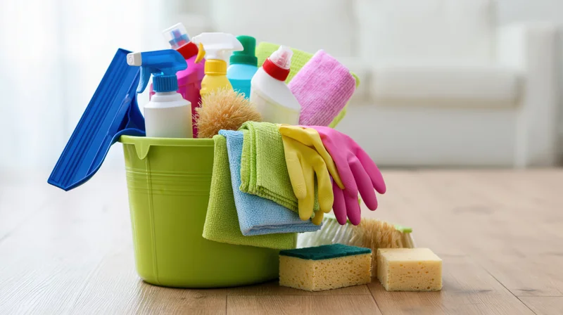Green plastic bucket filled with cleaning supplies and tools on wooden floor