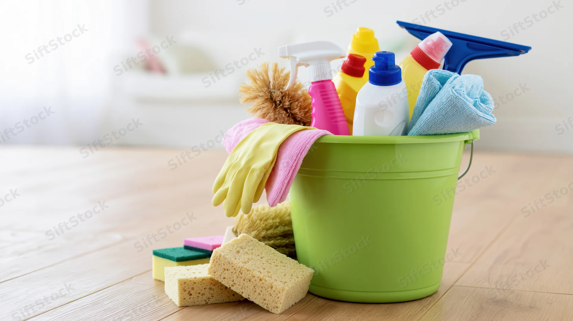 Green plastic bucket filled with cleaning supplies on wooden floor
