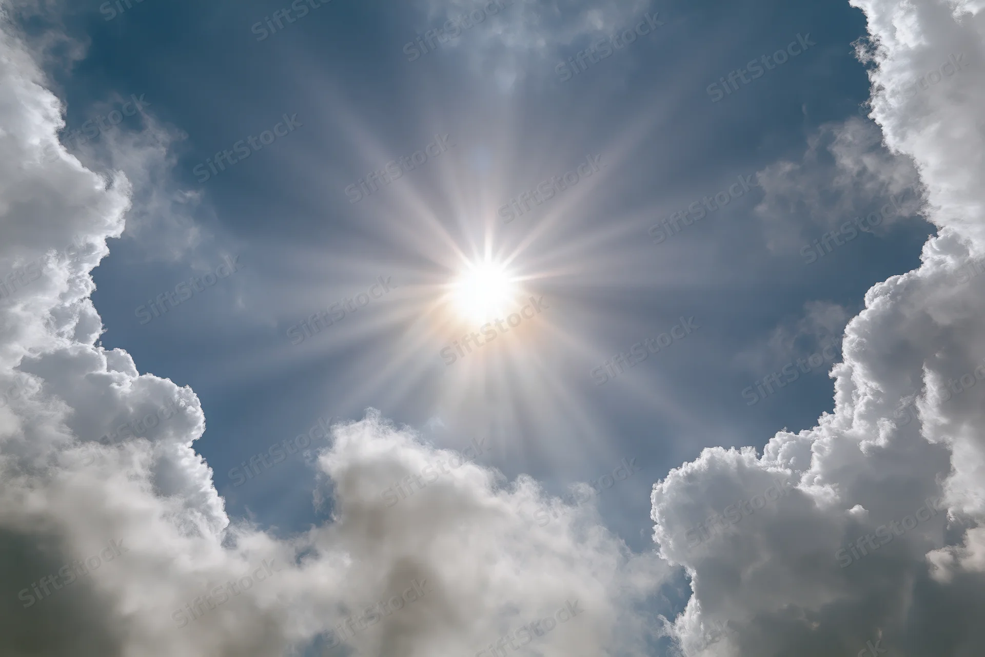 Bright sun bursting through a break in white cumulus clouds against a blue sky