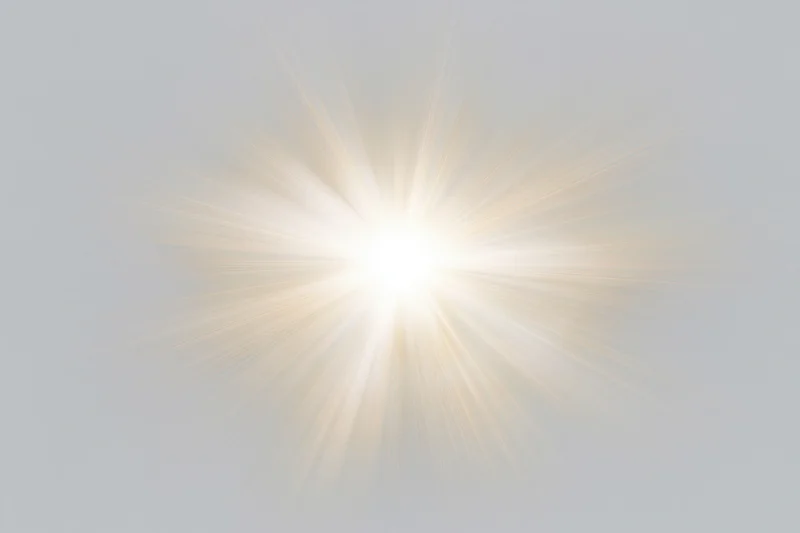 Bright white sun burst with radial light rays spreading outward against a soft gray background