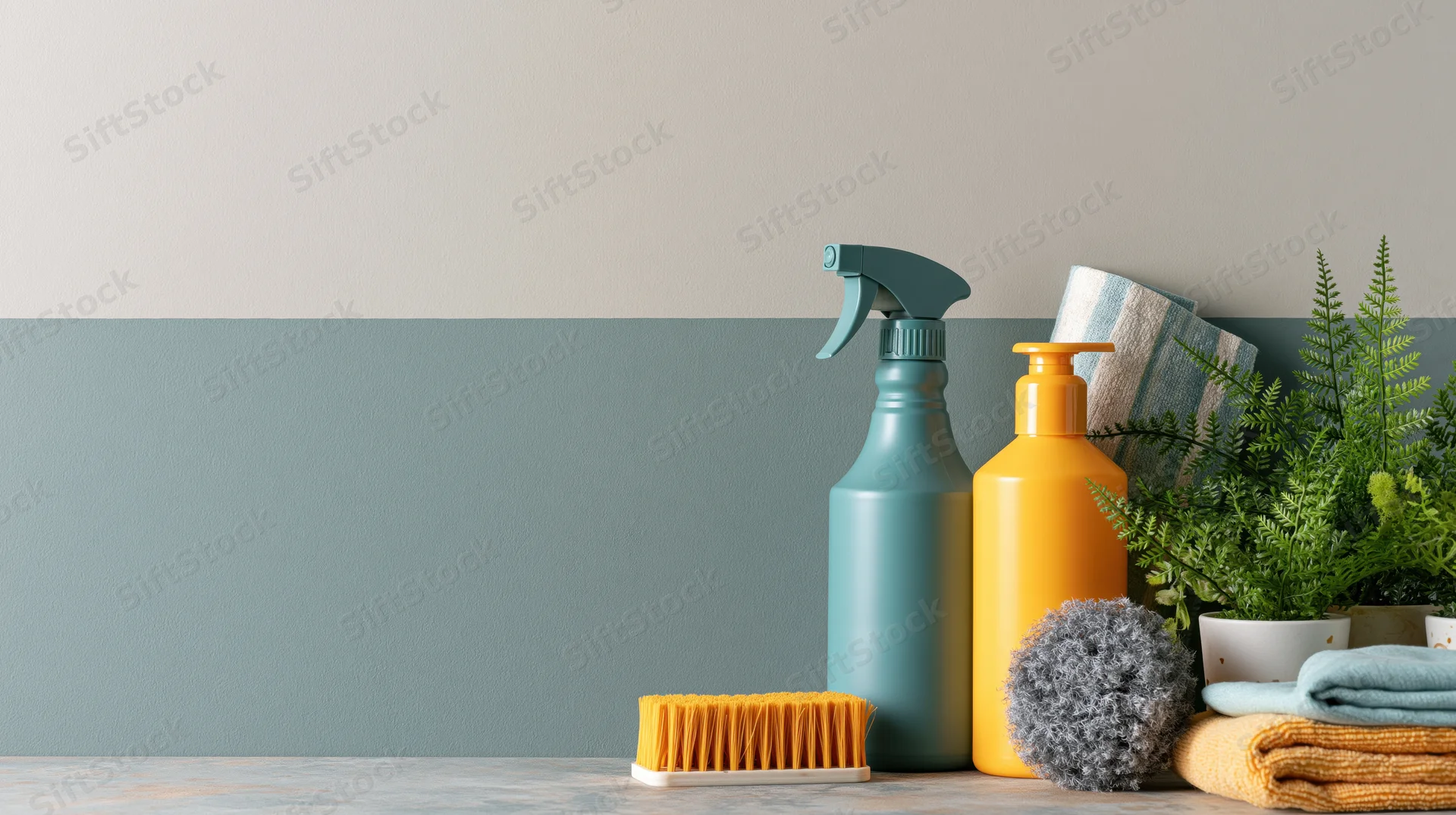 Cleaning supplies arranged on a countertop against a two-tone wall with a potted fern and folded towels