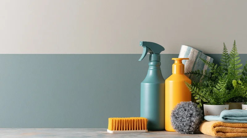 Cleaning supplies arranged on a countertop against a two-tone wall with a potted fern and folded towels