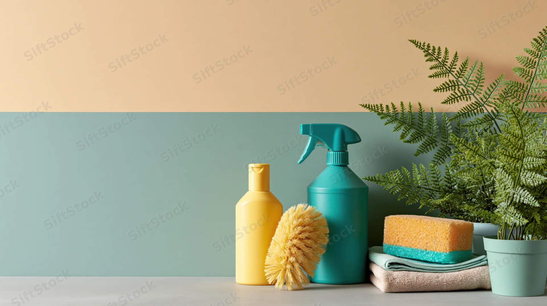 Cleaning supplies arranged on a countertop with a potted fern against a two-tone wall