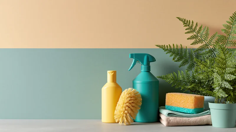 Cleaning supplies arranged on a countertop with a potted fern against a two-tone wall