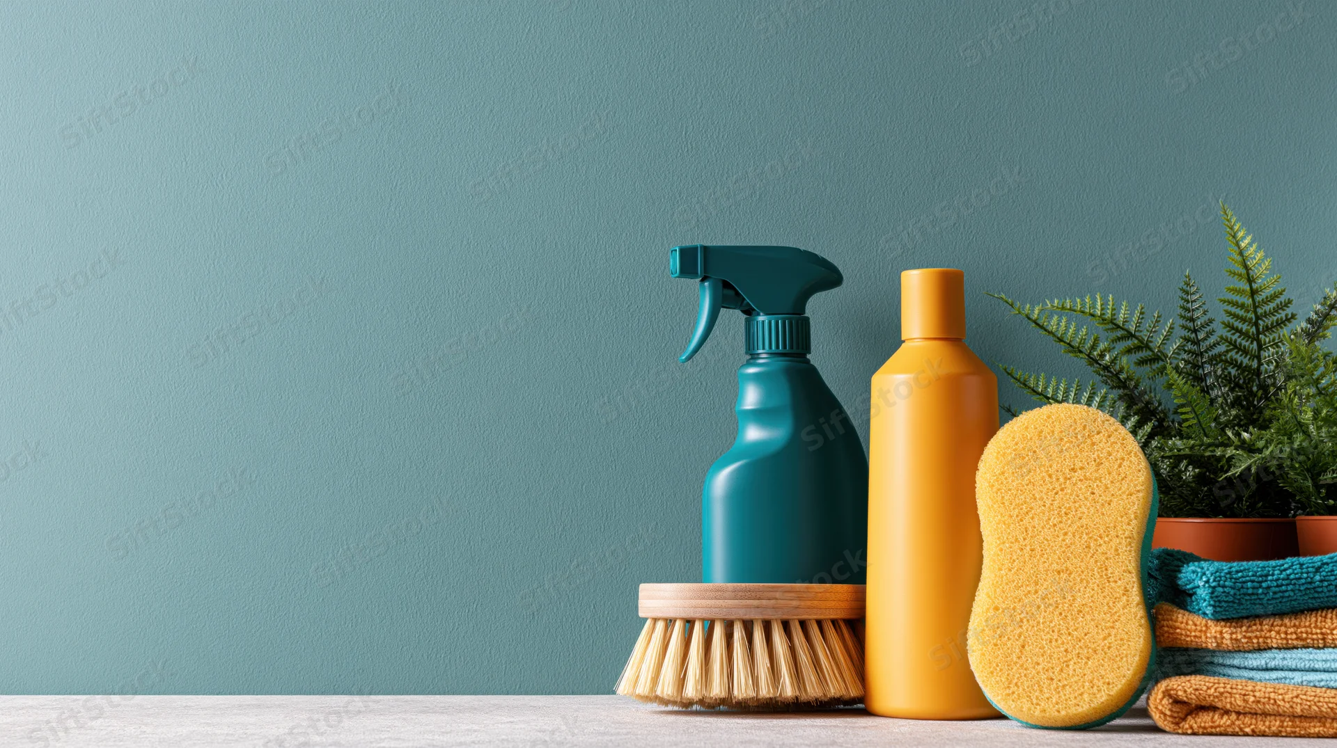 Cleaning supplies arranged on a countertop against a teal wall with a potted fern and folded towels