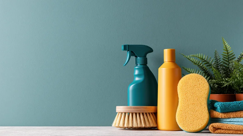Cleaning supplies arranged on a countertop against a teal wall with a potted fern and folded towels