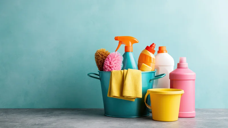 Cleaning supplies arranged in a teal metal bucket on a gray surface against a teal wall