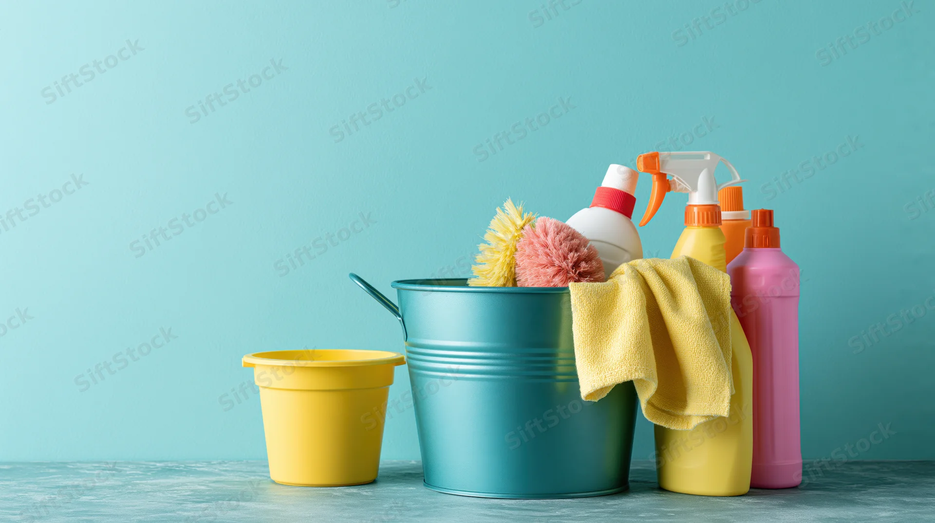 Cleaning supplies arranged in a teal metal bucket with sponges, brushes, spray bottles, and a yellow towel on a light blue surface