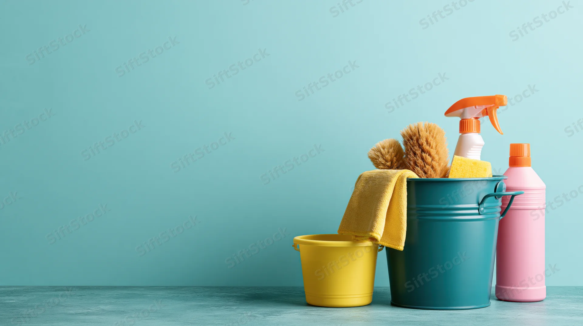 Cleaning supplies arranged in buckets and bottles on a teal surface with copyspace