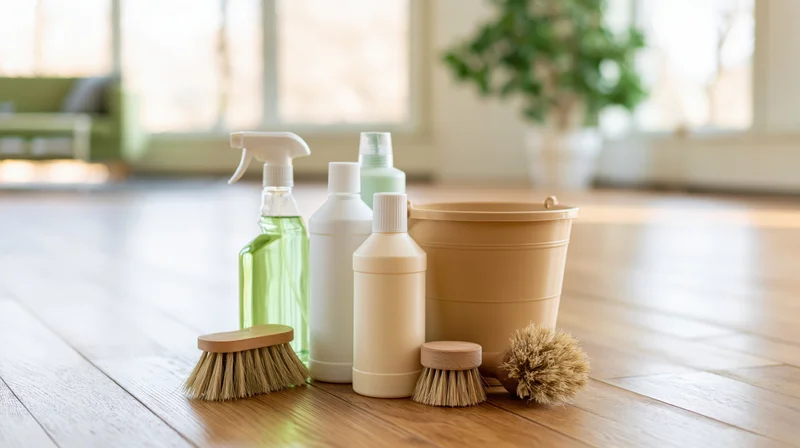 Cleaning supplies arranged on hardwood floor in living room with natural light
