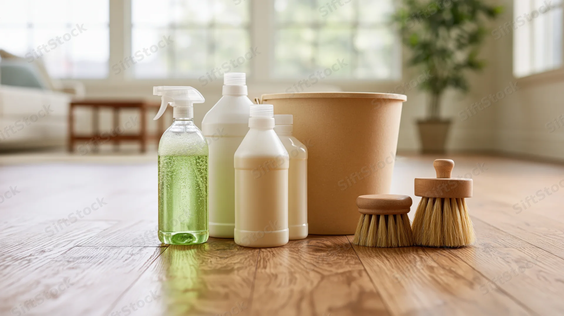 Cleaning supplies arranged on hardwood floor in living room interior