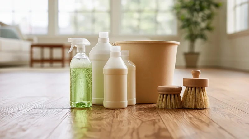 Cleaning supplies arranged on hardwood floor in living room interior