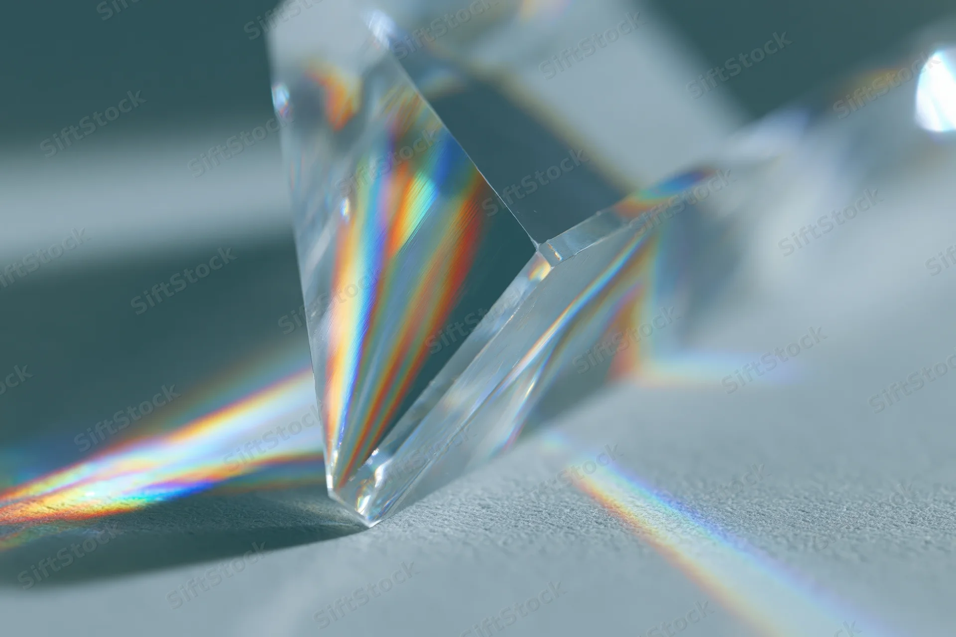 Clear glass crystal prism refracting bright light into scattered rainbow spectrum on textured surface