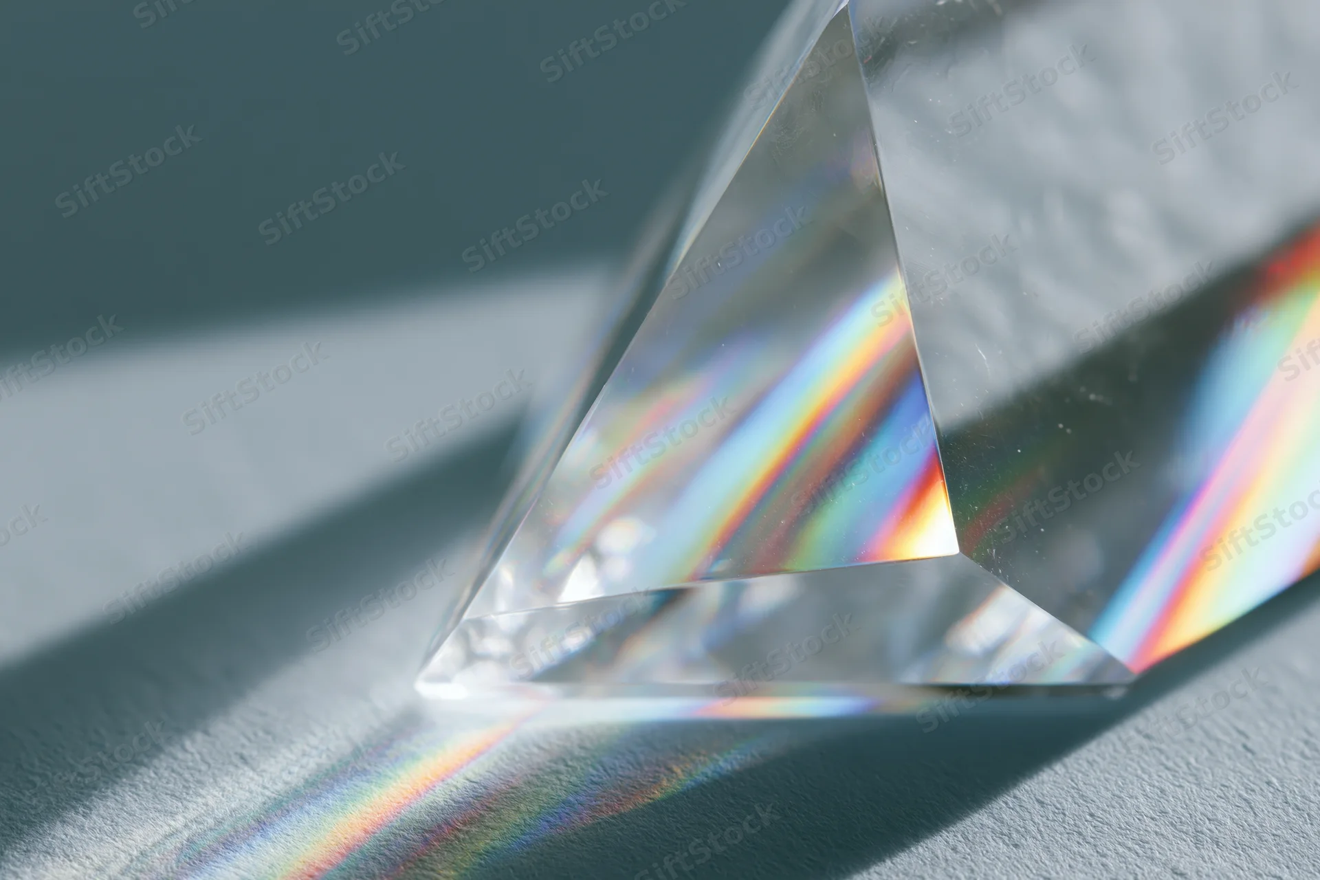 Clear glass crystal prism refracting bright light into scattered rainbow spectrum on gray surface