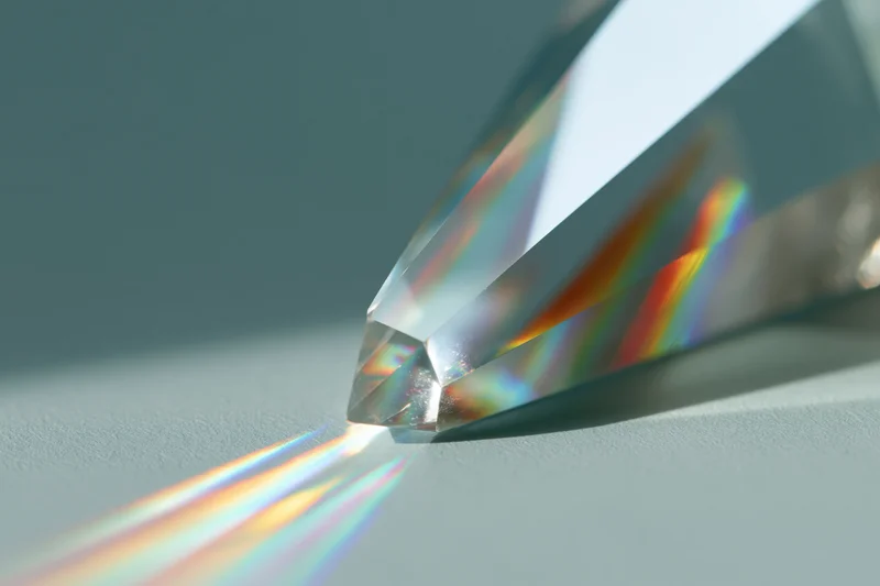 Clear glass prism refracting bright light into scattered rainbow spectrum on gray surface