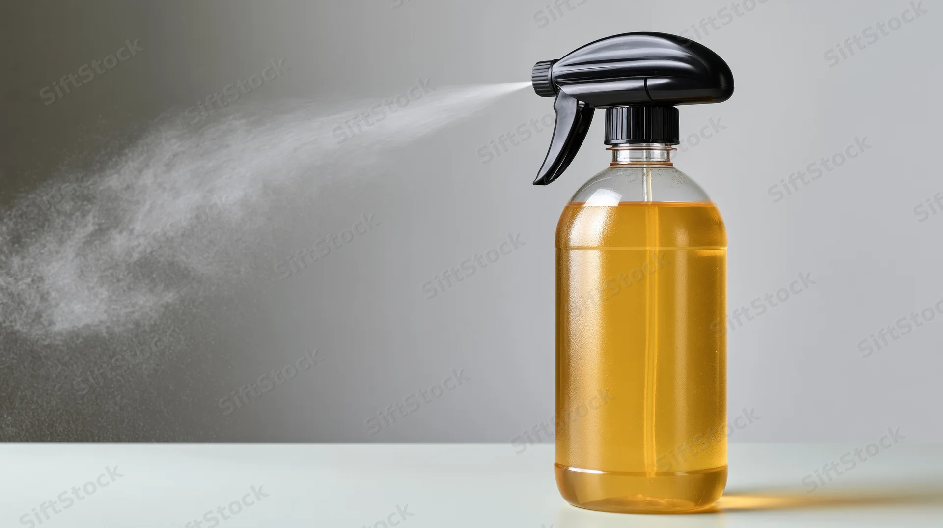 Clear plastic spray bottle with amber liquid spraying mist on a plain surface