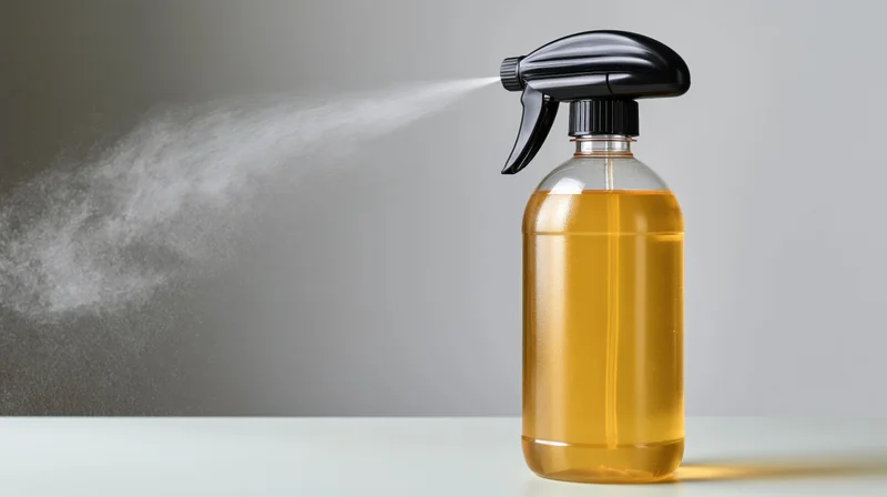Clear plastic spray bottle with amber liquid spraying mist on a plain surface